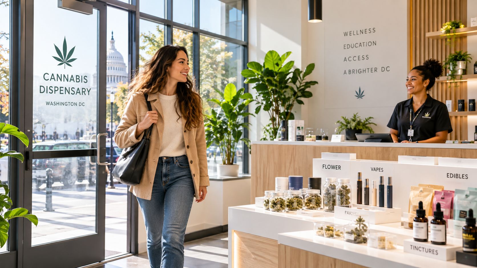 A smiling woman walks into a modern cannabis dispensary in Washington DC with the Capitol building visible.