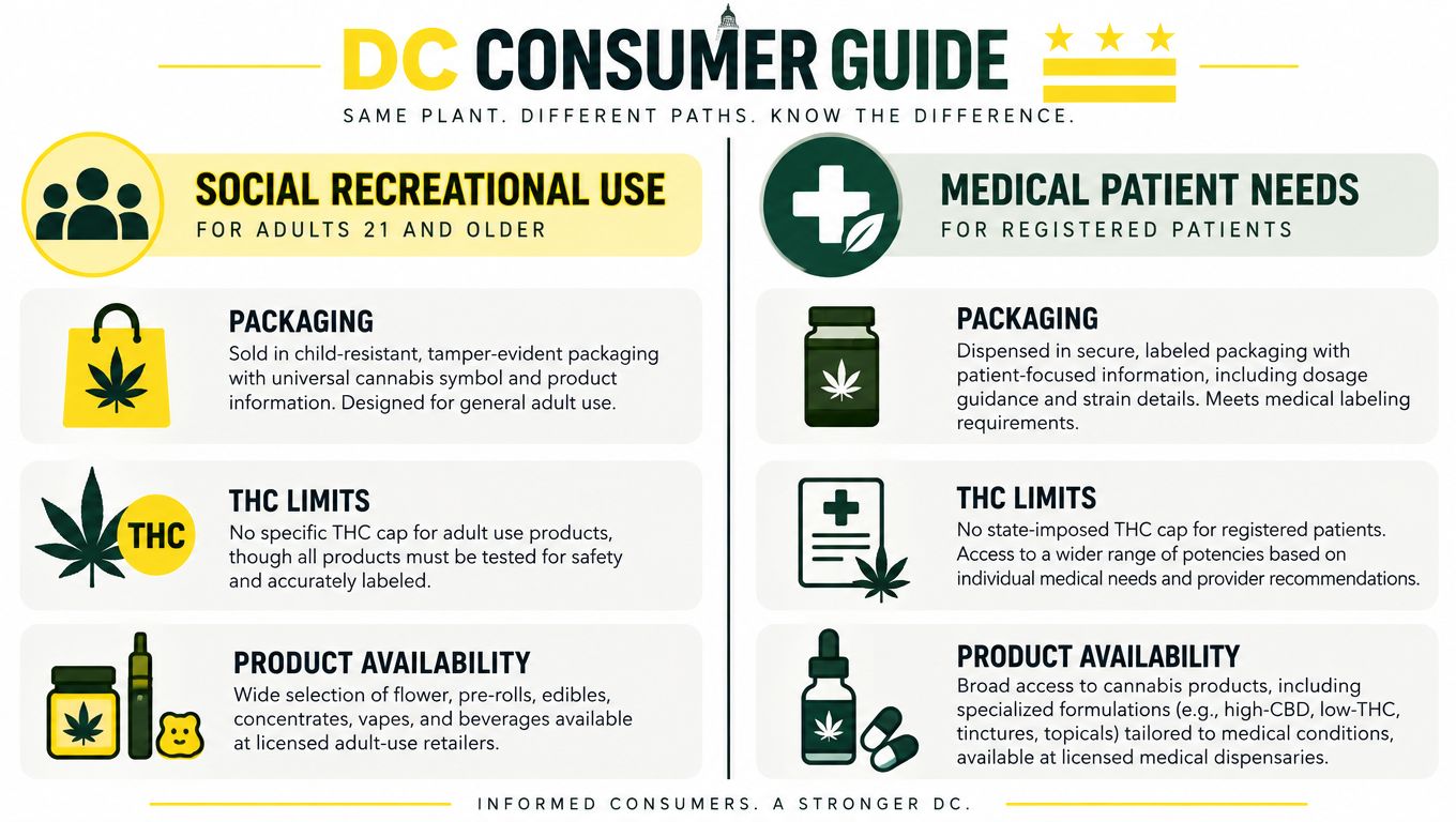 A DC consumer guide infographic comparing regulations and availability between social recreational and medical cannabis patient products.