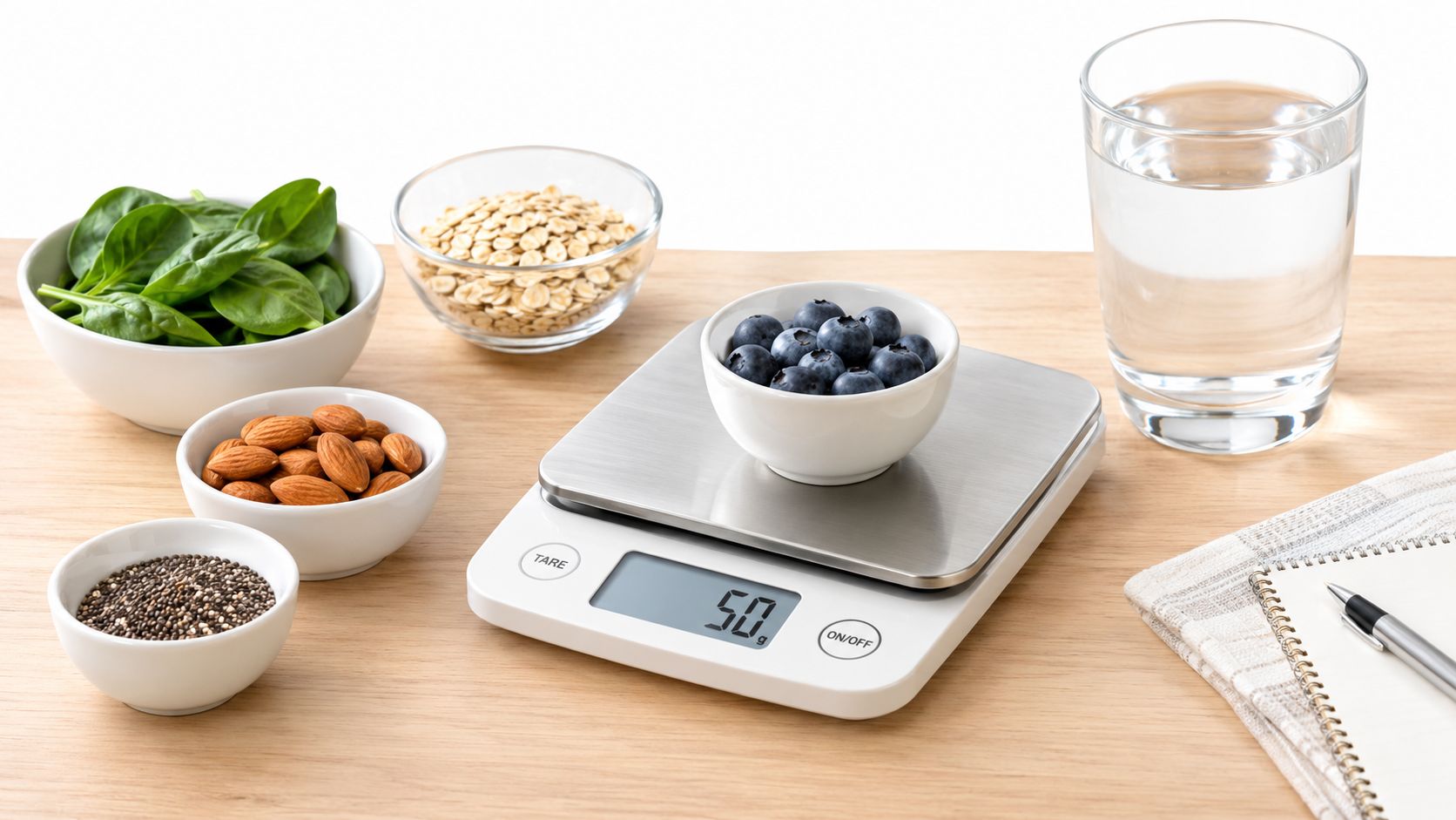 A healthy food preparation scene with a kitchen scale weighing blueberries next to various nutritious ingredients.