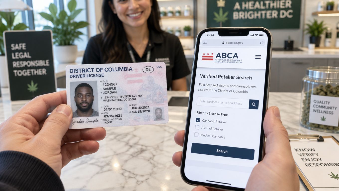 A person holds a District of Columbia driver's license next to a smartphone showing a retailer search.