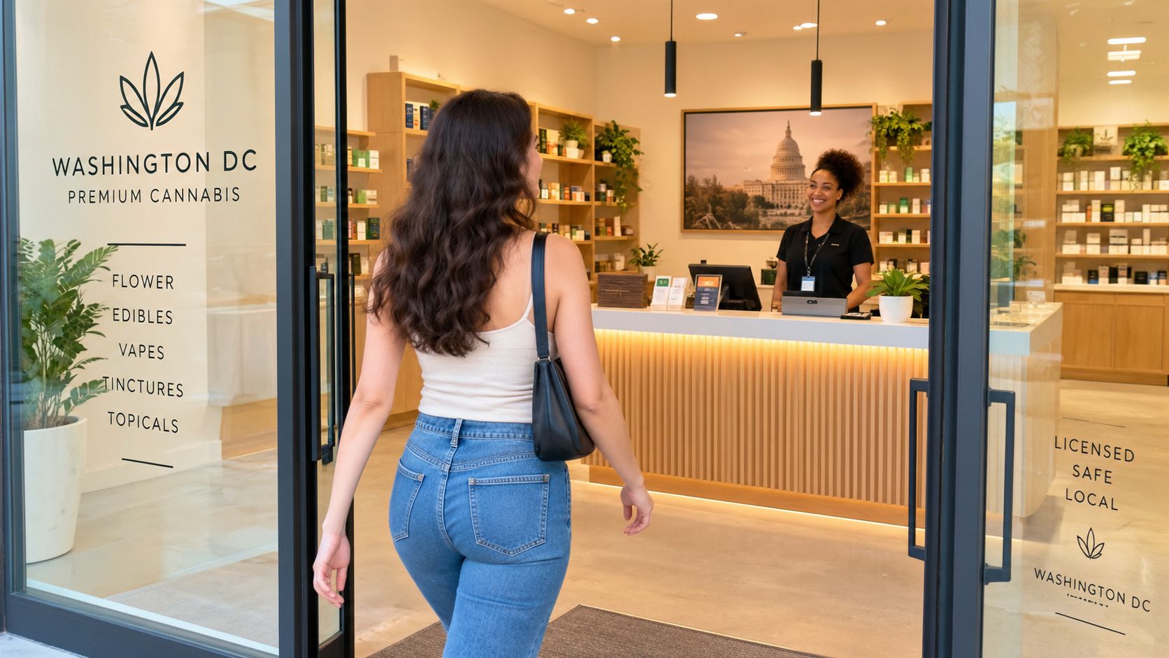 A woman walks into a modern, clean cannabis dispensary in Washington DC to speak with an employee.