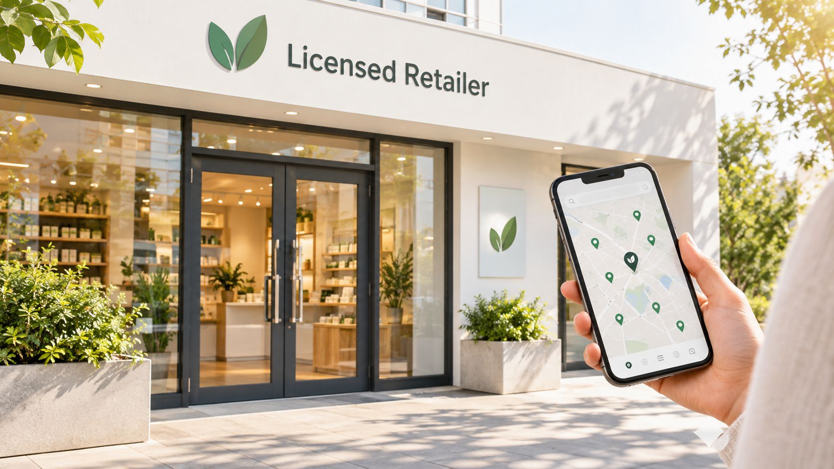 A person holding a smartphone showing a map with location markers in front of a cannabis dispensary.