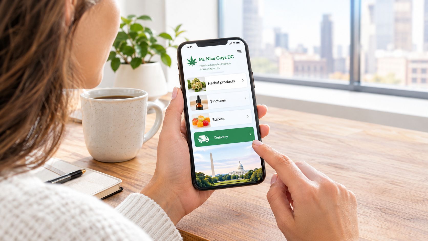 A woman holding a smartphone displaying the Mr. Nice Guys DC medical dispensary app for cannabis delivery.