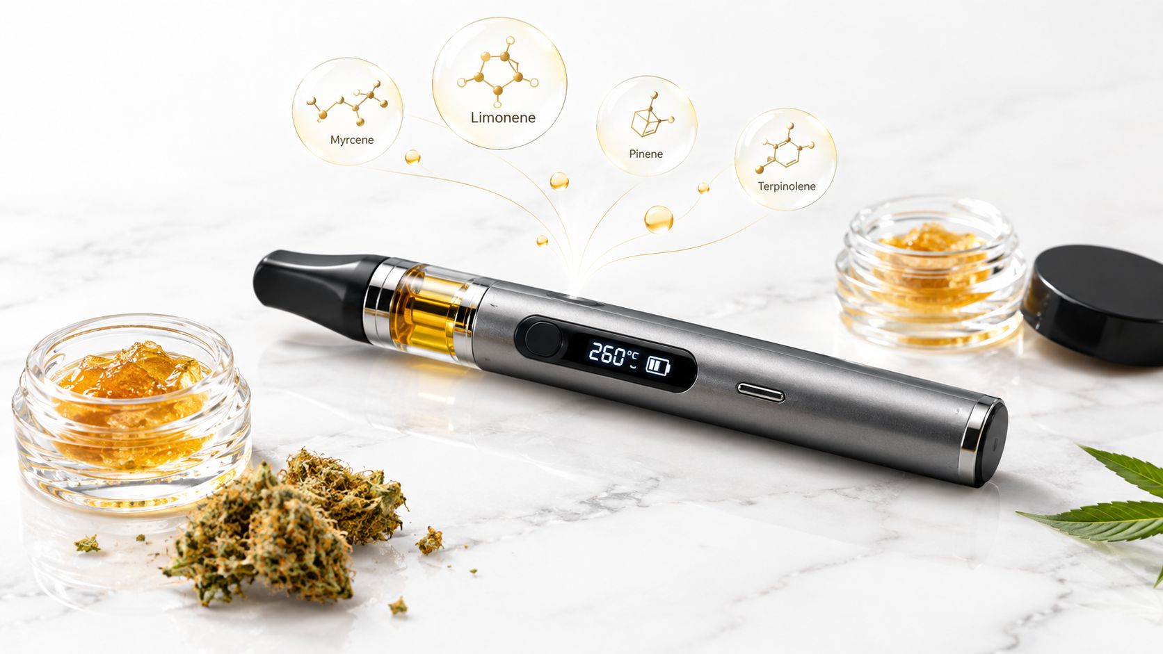 A modern vape pen for concentrates with terpene molecule graphics, cannabis buds, and wax jars.