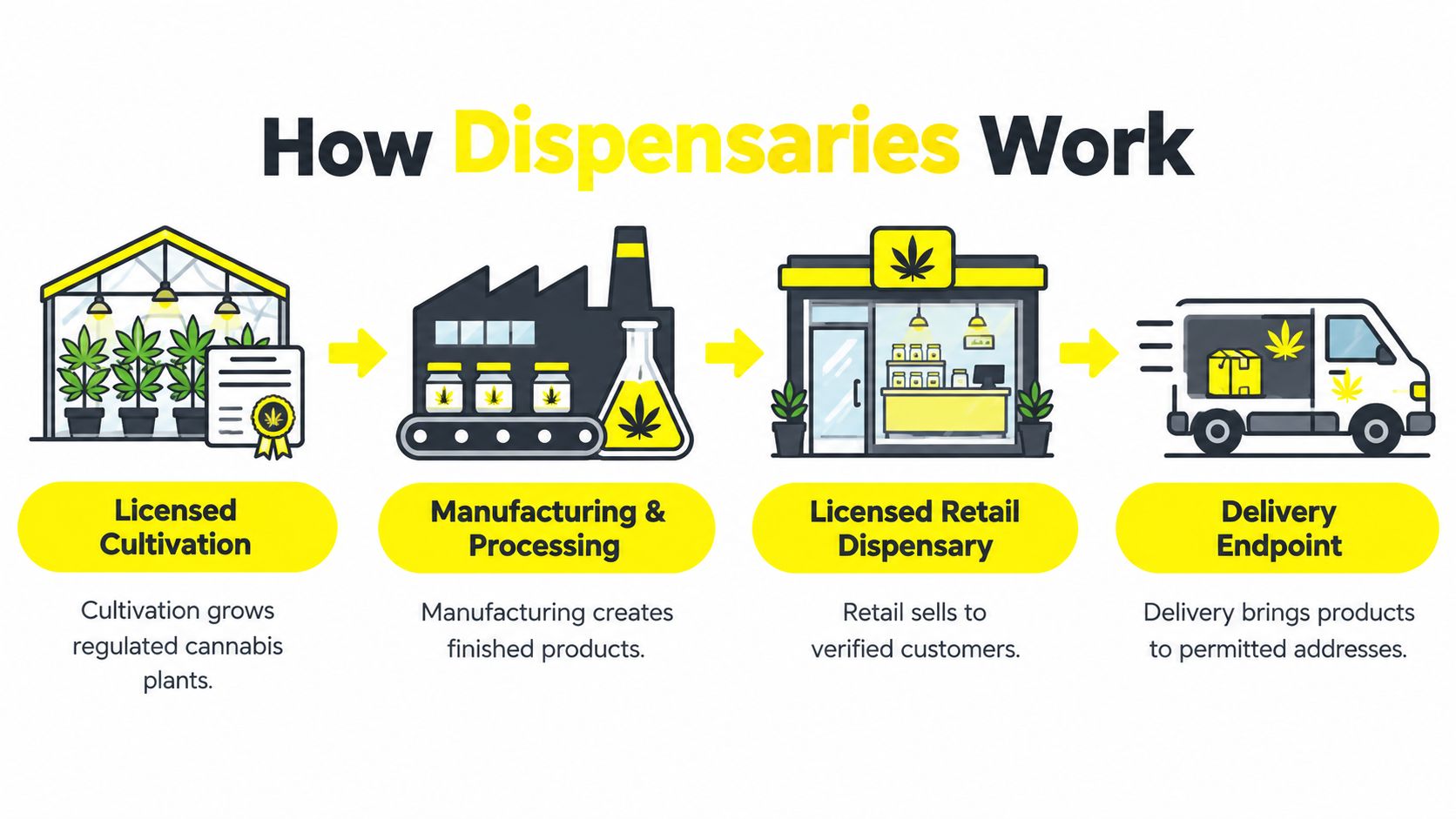 An infographic showing the four-step process from cannabis cultivation and processing to retail sales and delivery.