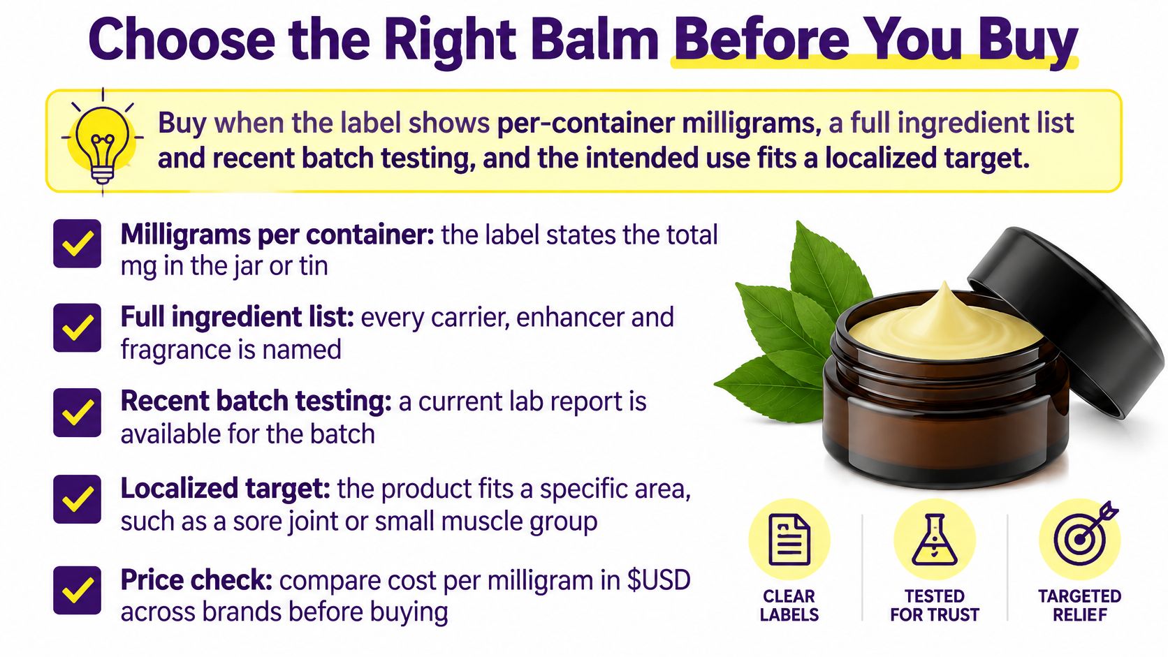 An infographic titled Choose the Right Balm Before You Buy, listing tips for selecting quality topical balms.