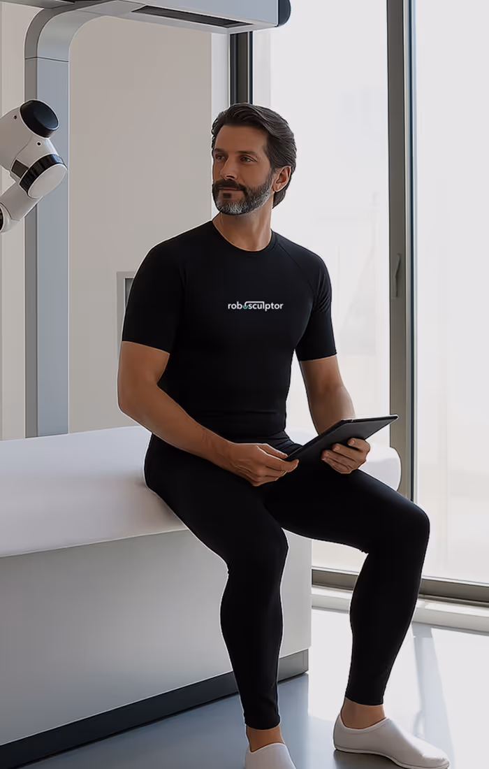 man is seating on roboSculptor table holding tablet