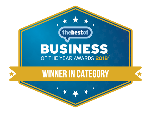 A hexagonal badge reads "Best of Business of the Year Awards 2018, Winner in Category."