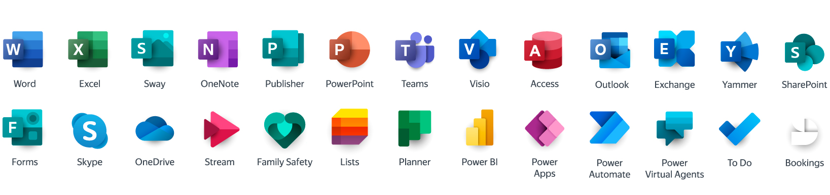 Logos of various Microsoft Office applications, including Word, Excel, PowerPoint, and Outlook, arranged in a row.
