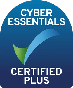 Cyber Essentials Certified Plus badge with a green and blue checkmark on a blue background.