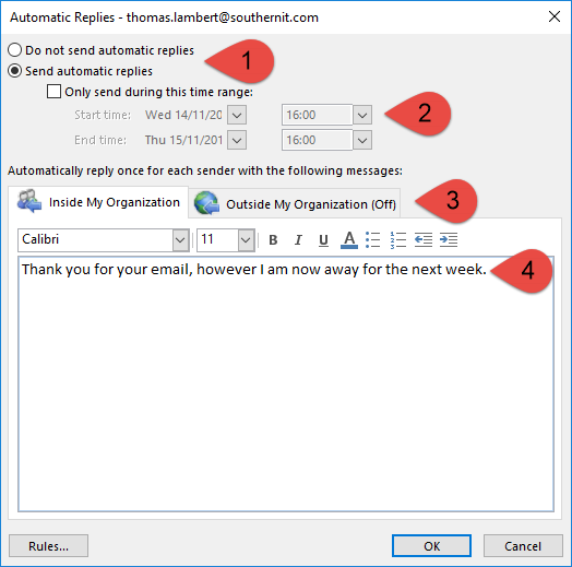 Outlook Out of Office Step 4