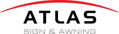 Grey text reading 'SIGN & AWNING' under a red curved line on a black background.