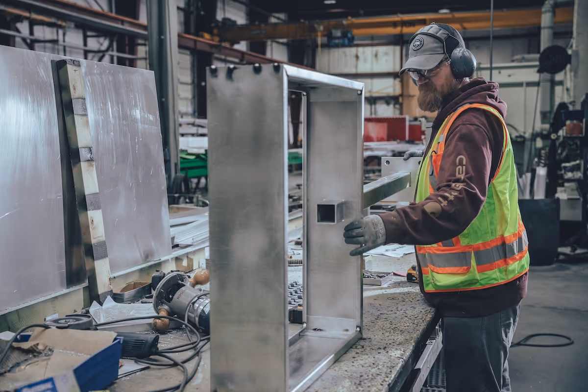 Worker in safety vest and ear protection handling a large metal frame in an industrial workshop.