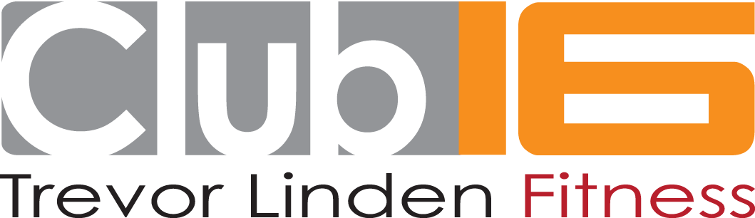 Logo for Club 16 Trevor Linden Fitness with 'Club' in white on gray blocks and '16' in orange, followed by the text 'Trevor Linden Fitness' underneath.