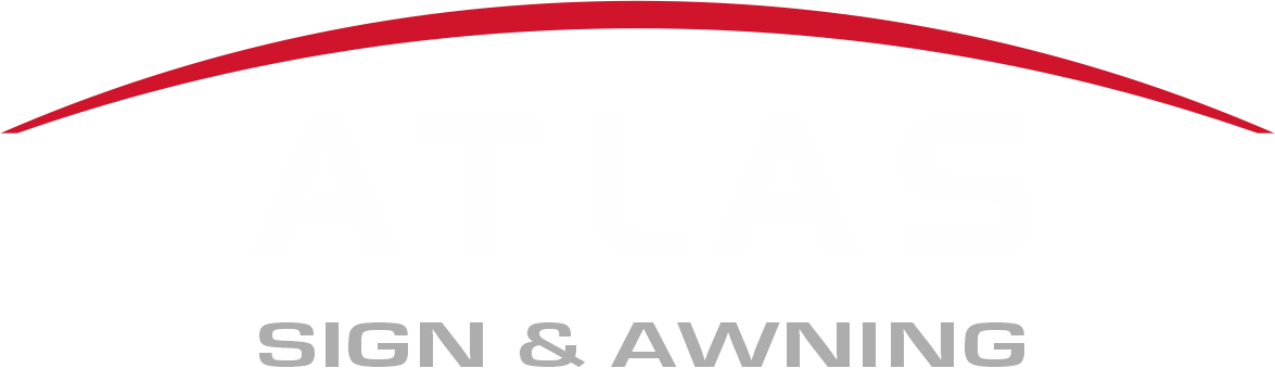 Logo with the word 'ATLAS' in white uppercase letters beneath a red curved arc, and 'SIGN & AWNING' in gray uppercase letters below.