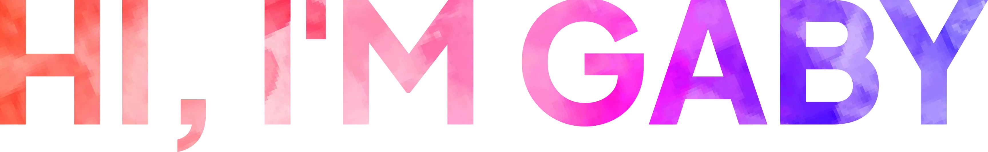 Text reading 'HI, I'M GABY' in large watercolor-style letters transitioning from red to purple.