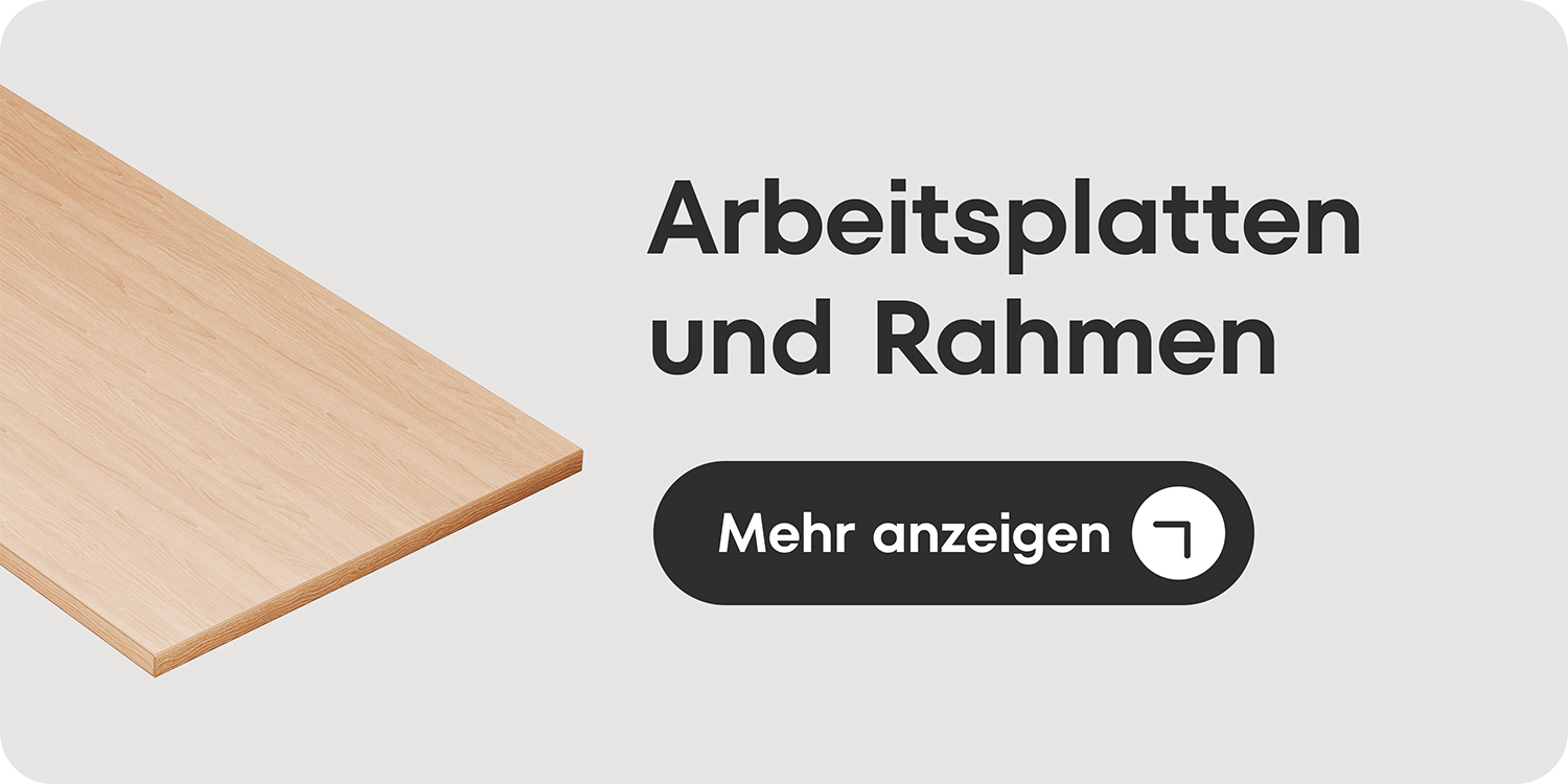 Holzarbeitsplatte in Eichenoptik mit Text Arbeitsplatten und Rahmen und Schaltfläche Mehr anzeigen.