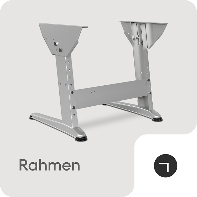Metallrahmen mit verstellbaren Stützen und Querstange auf hellgrauem Hintergrund.