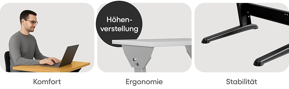 Links sitzt ein Mann an einem Schreibtisch und arbeitet am Laptop für Komfort; Mitte zeigt eine verstellbare Tischhöhe mit Text 'Höhenverstellung' für Ergonomie; rechts ist die stabile Tischbasis für Stabilität.
