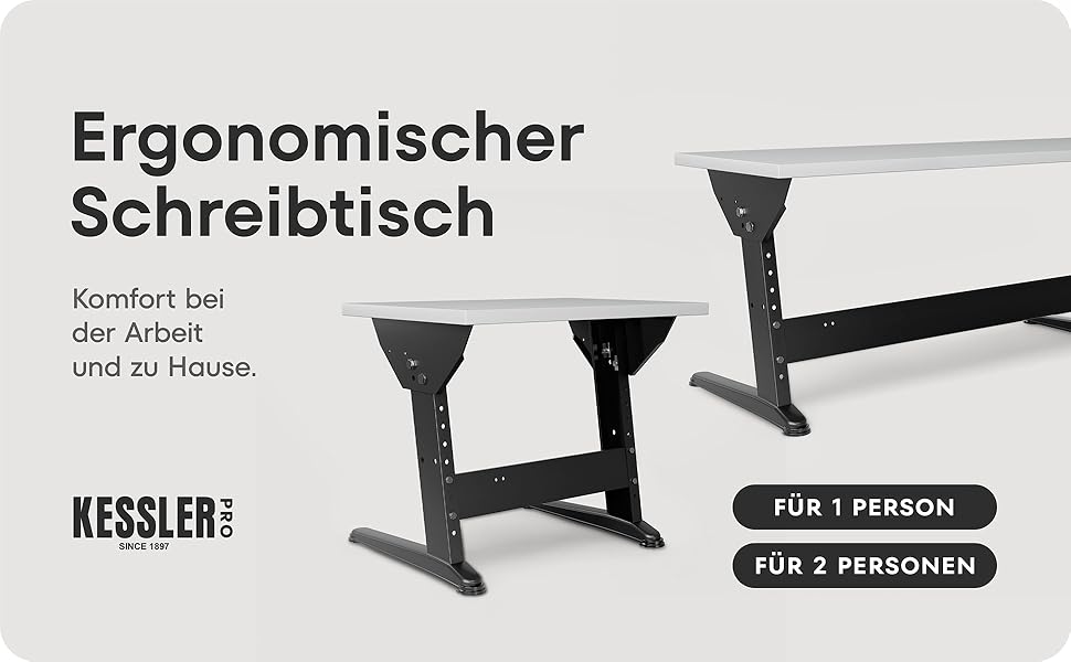 Links sitzt ein Mann an einem Schreibtisch und arbeitet am Laptop für Komfort; Mitte zeigt eine verstellbare Tischhöhe mit Text 'Höhenverstellung' für Ergonomie; rechts ist die stabile Tischbasis für Stabilität.