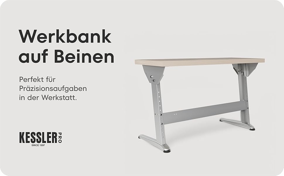 Links sitzt ein Mann an einem Schreibtisch und arbeitet am Laptop für Komfort; Mitte zeigt eine verstellbare Tischhöhe mit Text 'Höhenverstellung' für Ergonomie; rechts ist die stabile Tischbasis für Stabilität.