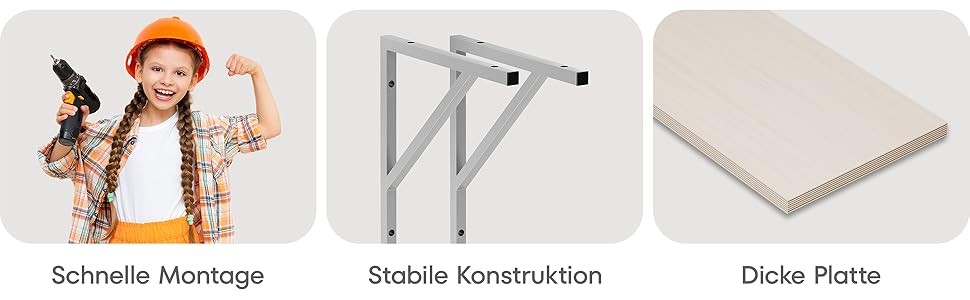 Links sitzt ein Mann an einem Schreibtisch und arbeitet am Laptop für Komfort; Mitte zeigt eine verstellbare Tischhöhe mit Text 'Höhenverstellung' für Ergonomie; rechts ist die stabile Tischbasis für Stabilität.