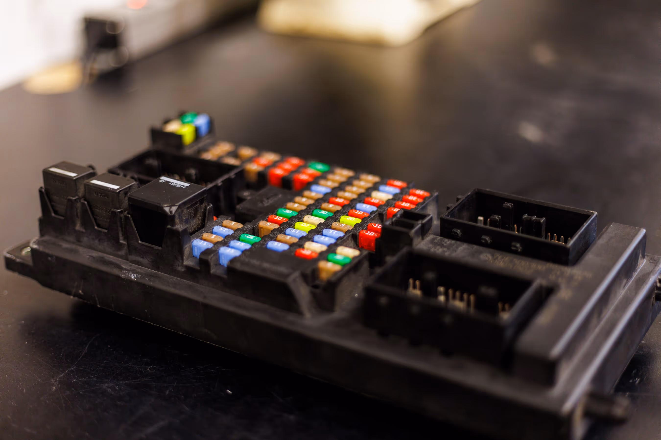Close-up of a black automotive fuse box with multi-colored fuses on a dark surface.