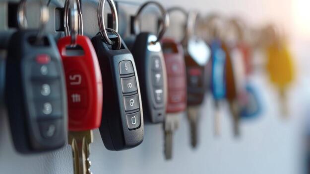 Several car keys with remote buttons hanging in a row on hooks against a light background.