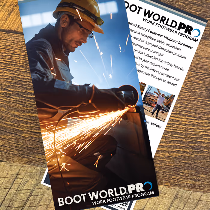 Boot World PRO brochure featuring a worker using a grinder with sparks, promoting the work footwear program.
