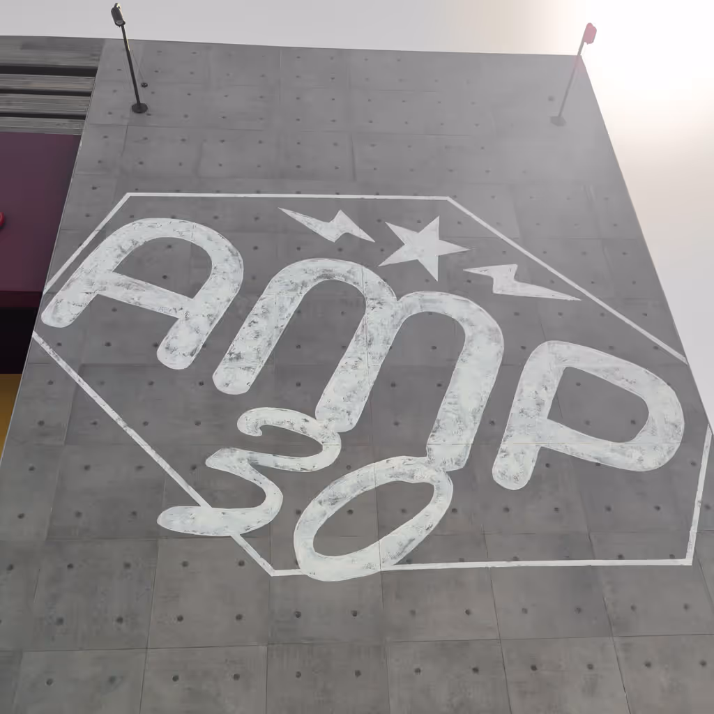 AMP 30 logo painted in white on a gray concrete building facade with star and lightning bolt design.