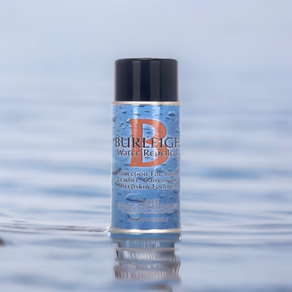 A can of Burleigh Water Repellent spray on a reflective water surface, labeled for protecting suede, leather, canvas, and sheepskin footwear.
