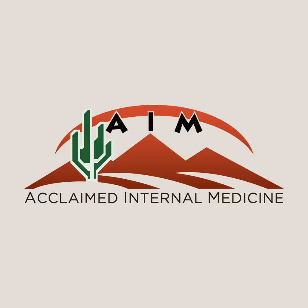 Acclaimed Internal Medicine logo featuring AIM initials with a green cactus and red mountain design on a beige background.