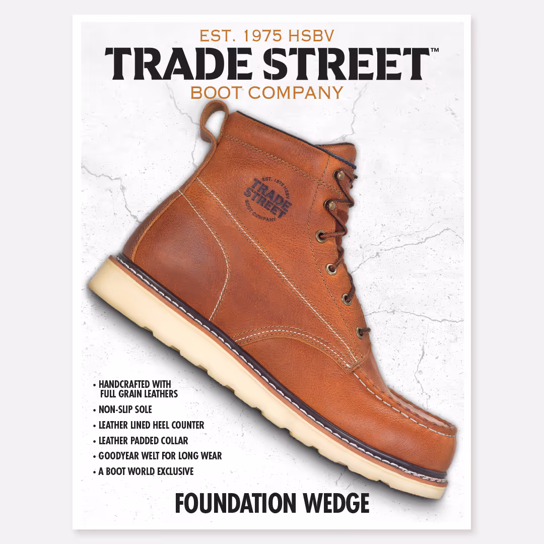 Product poster for Trade Street Boot Company featuring the Foundation Wedge boot in brown full-grain leather, shown at an angle on a textured white background, with branding at the top and a feature list highlighting non-slip sole, leather lining, padded collar, Goodyear welt construction, and Boot World exclusivity.