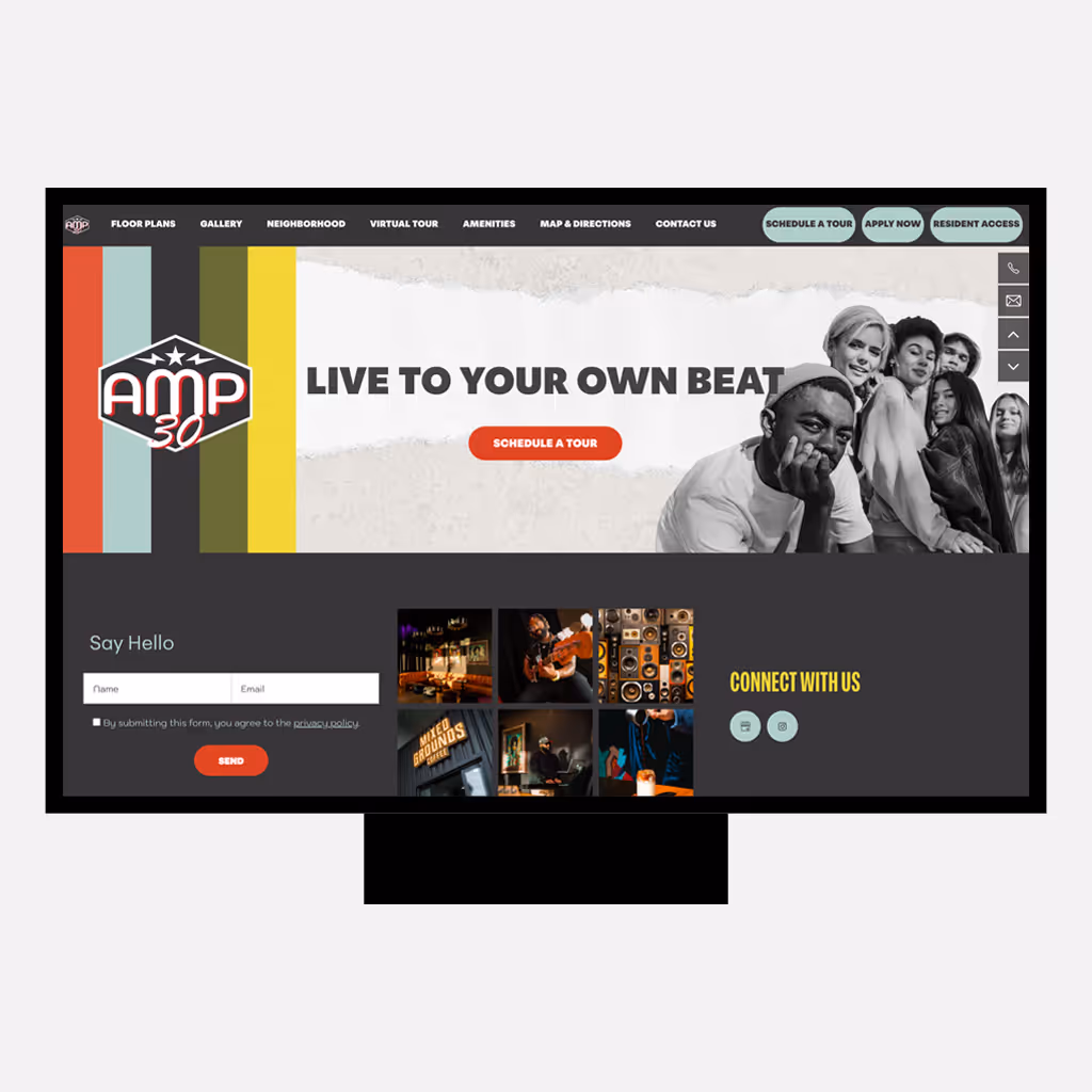 Desktop website homepage for AMP 30 apartments featuring a bold “Live to Your Own Beat” headline, the AMP 30 logo with vertical color bars, a prominent “Schedule a Tour” call-to-action, navigation links across the top, and lifestyle imagery of residents, music, and community scenes, with contact and social connection sections below.