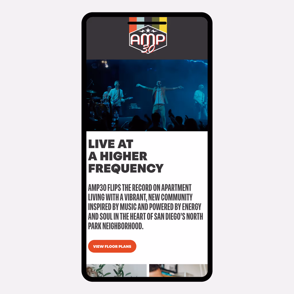 Mobile website hero for AMP 30 apartments, featuring a live concert scene with a band performing on stage, bold headline reading “Live at a Higher Frequency,” descriptive copy about a music-inspired apartment community in San Diego’s North Park neighborhood, and a prominent “View Floor Plans” call-to-action button beneath the AMP 30 logo.