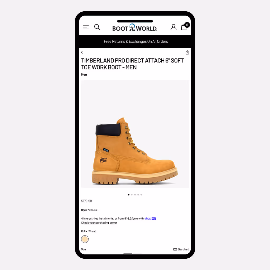 Mobile product detail page on the Boot World website for the Timberland PRO Direct Attach 6-inch soft toe work boot for men, displaying a single product image on a white background with pricing, installment options, color selection, and size options below the image.