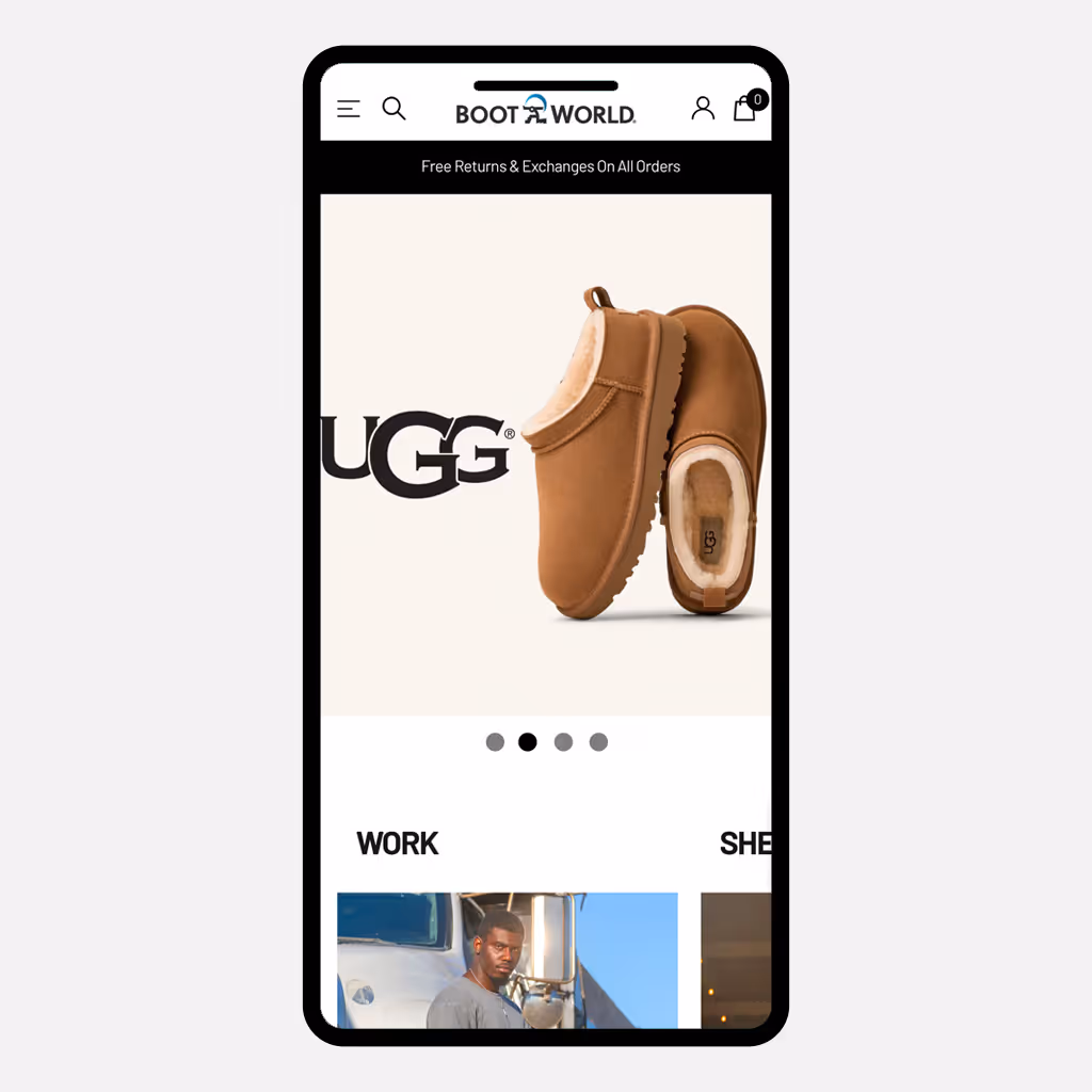 Mobile website for Boot World featuring a UGG footwear product showcase on a neutral background, with Boot World navigation, a free returns banner, and category links visible below the product image.
