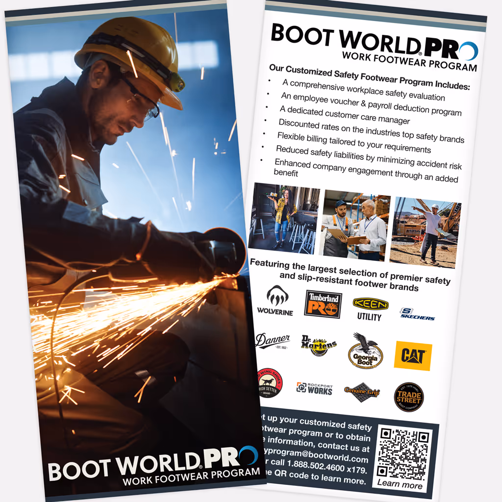 Boot World PRO Work Footwear Program rack card spread featuring a welder wearing safety gear with sparks flying on the left, and program details on the right highlighting customized safety footwear solutions, employee voucher programs, flexible billing, reduced liability, and a wide selection of premium slip-resistant work boot brands with logos and a QR code for more information.
