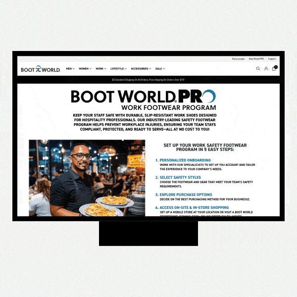 Boot World PRO website homepage displayed on a desktop screen, highlighting a professional workwear program with imagery of workers in boots and clear informational sections that emphasize safety, durability, and solutions for business and industrial customers.