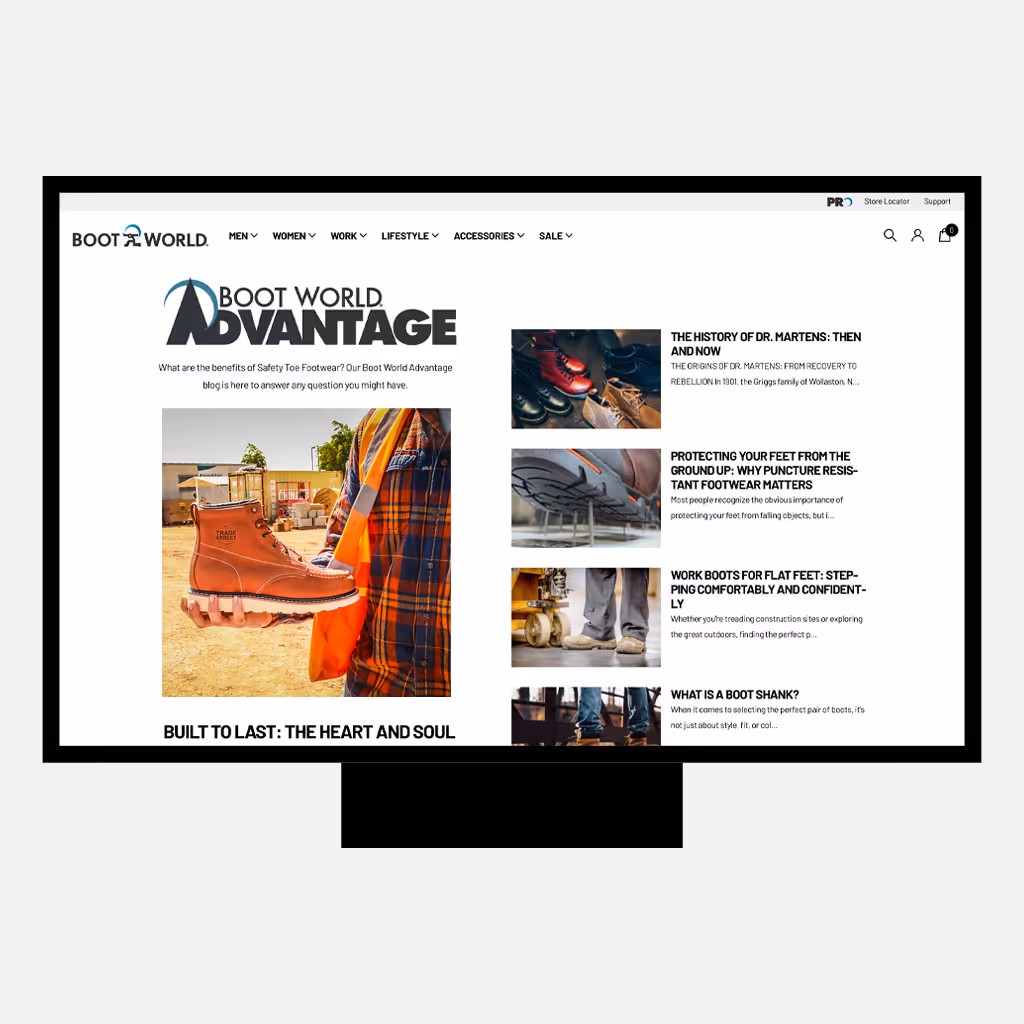 Desktop website of the Boot World Advantage blog featuring an article on safety toe footwear, with a large hero image of a work boot, navigation menu at the top, and a sidebar of related educational articles about work boots and foot protection.