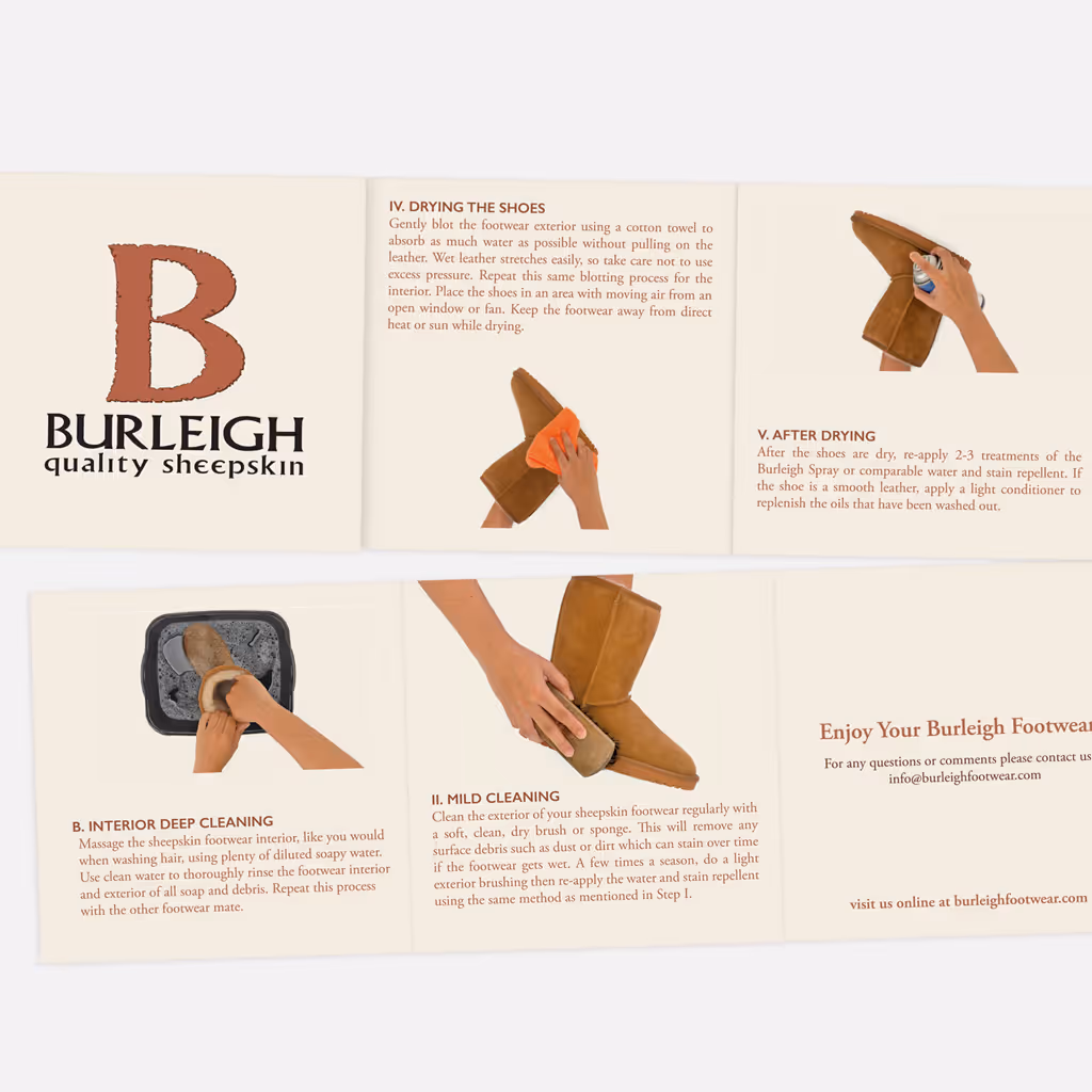 Folded instructional brochure for Burleigh quality sheepskin footwear, showing step-by-step care guidance with illustrations of hands cleaning, drying, and conditioning sheepskin boots, set in a warm neutral color palette with product care text and brand logo.