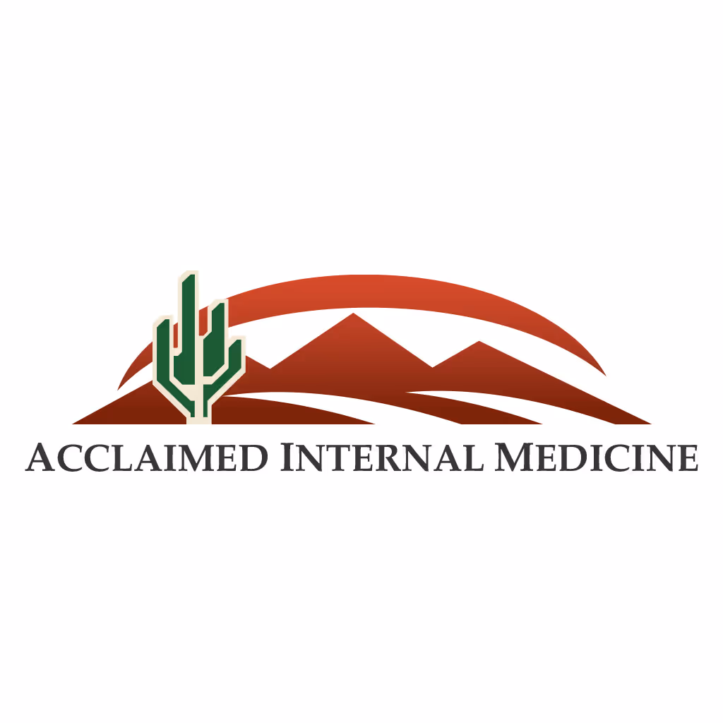 Acclaimed Internal Medicine logo featuring a stylized desert landscape with red mountains and an arched horizon line, a green cactus icon, and the company name displayed in a clean serif typeface on a white background.