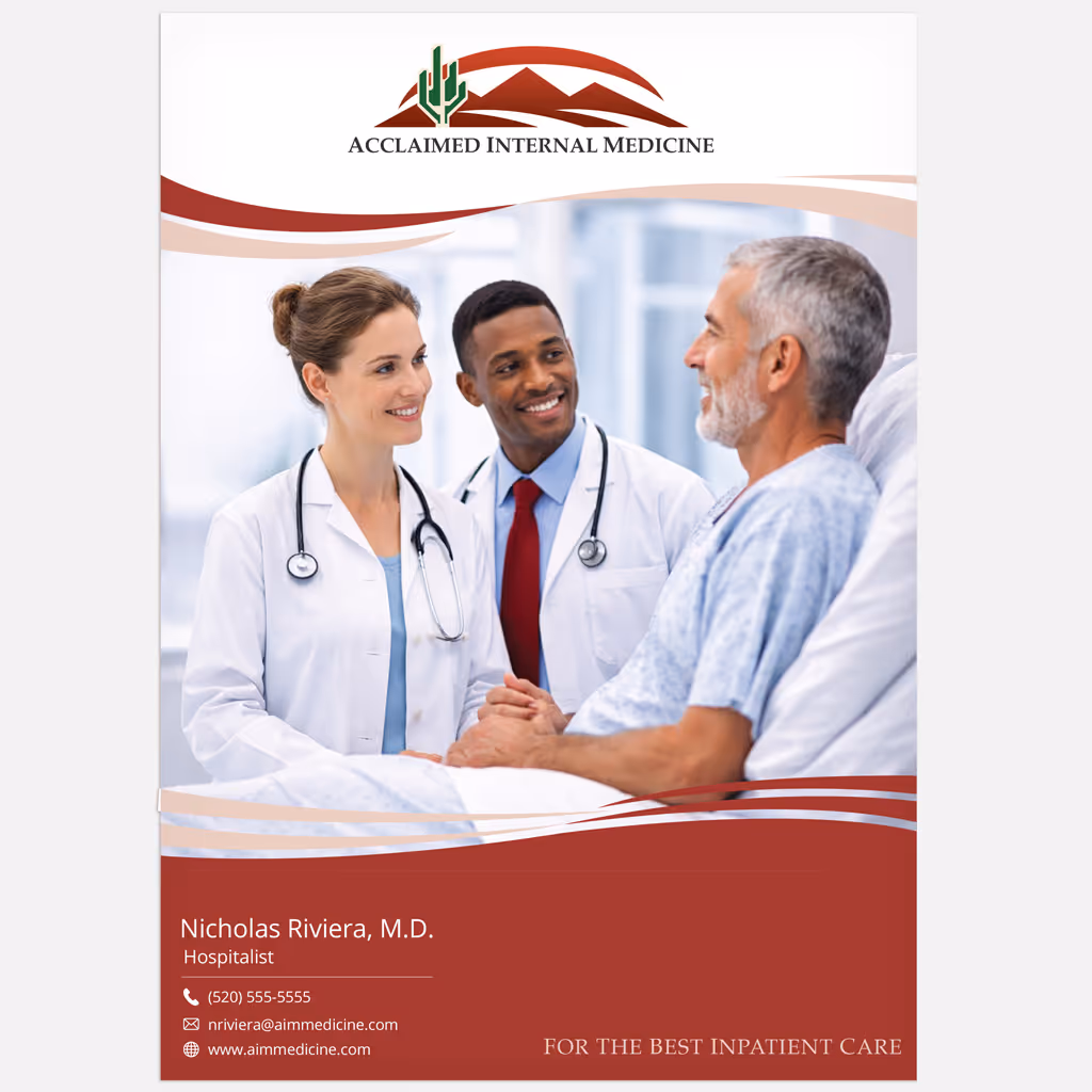 Professional folder for Acclaimed Internal Medicine featuring physicians speaking with a hospitalized patient, with branding at the top and contact information, displayed in a red-and-neutral medical design with the tagline “For the Best Inpatient Care.”