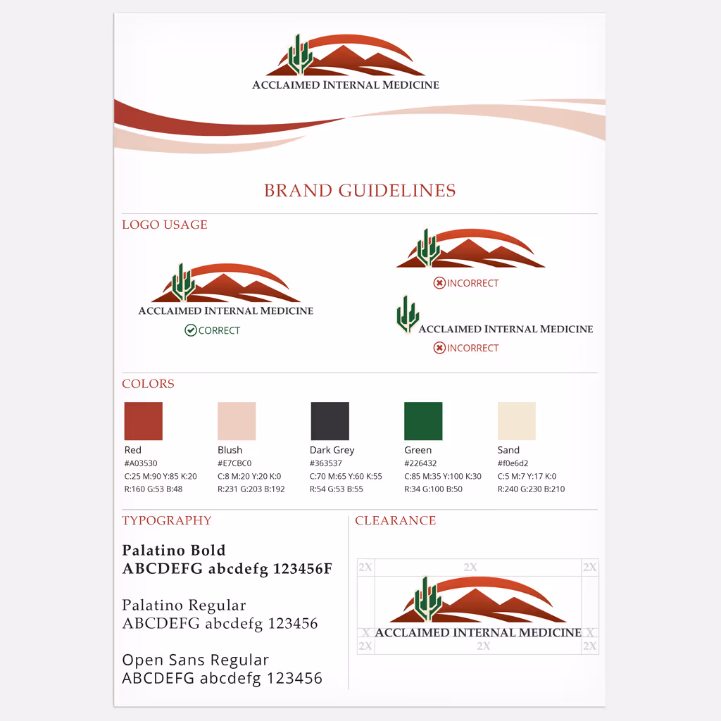 Brand guidelines page for Acclaimed Internal Medicine showing approved and incorrect logo usage, a defined color palette with swatches and hex values, typography examples, and logo clearance rules, presented in a clean, professional layout with red and neutral accents.