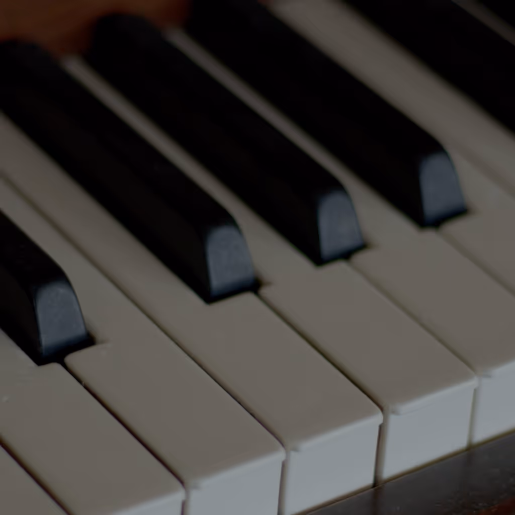Close-up view of piano keys showing alternating white and black keys, softly lit with a shallow depth of field that emphasizes texture and pattern.