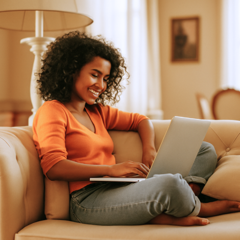 a black woman uses her laptop while sitting cross legged on couch