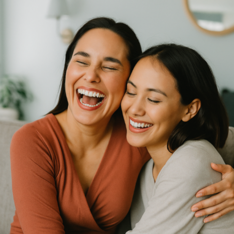 two hispanic women hug and laugh