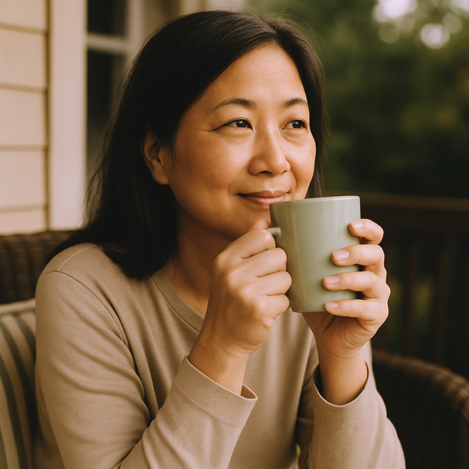 asian woman sips coffee on porch and smiles