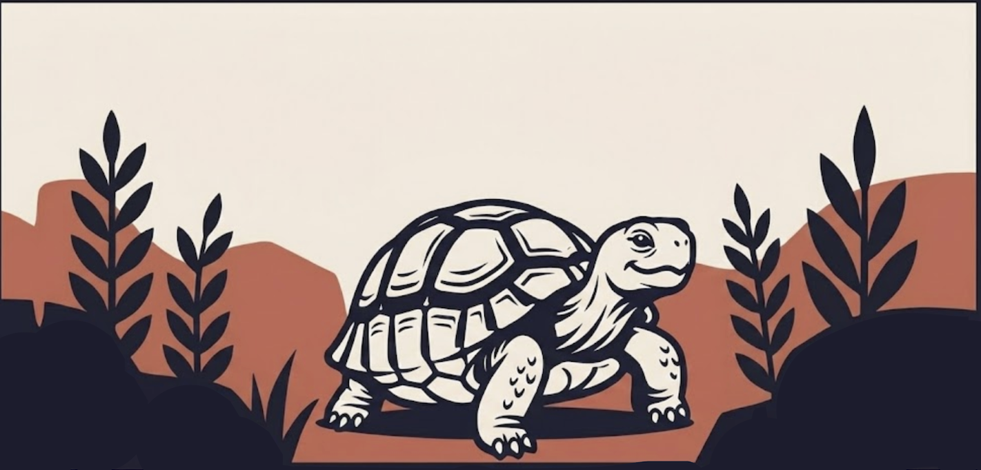 stylized hare in brand colors looks across desert