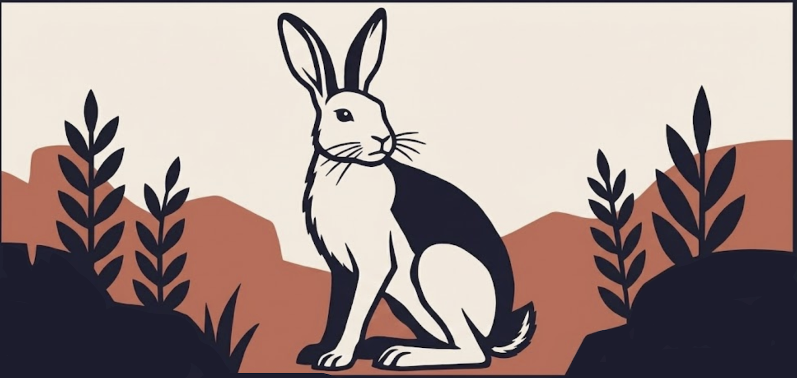 stylized hare in brand colors looks across desert